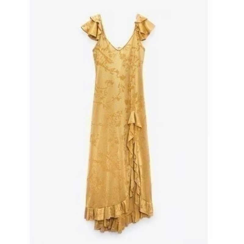 ZARA Jacquard Maxi Dress with Ruffles & Open Back 4866/454/ Gold Size Small