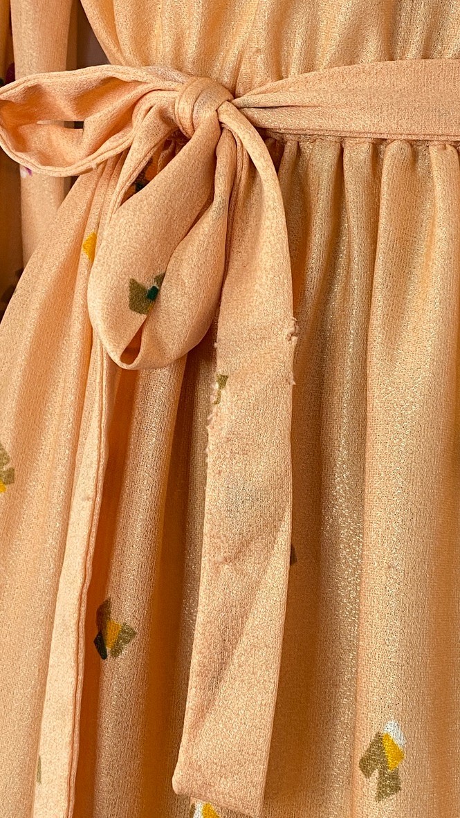 Vintage 1970s orange midi dress S M long balloon sleeve peach pullover sheer