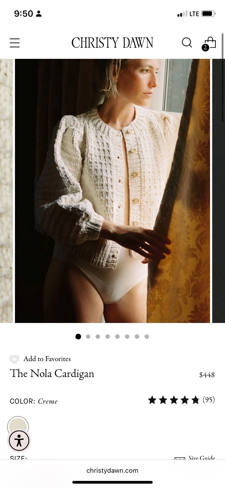 Christy Dawn Nola Cardigan 100% Cotton Size Medium Creme