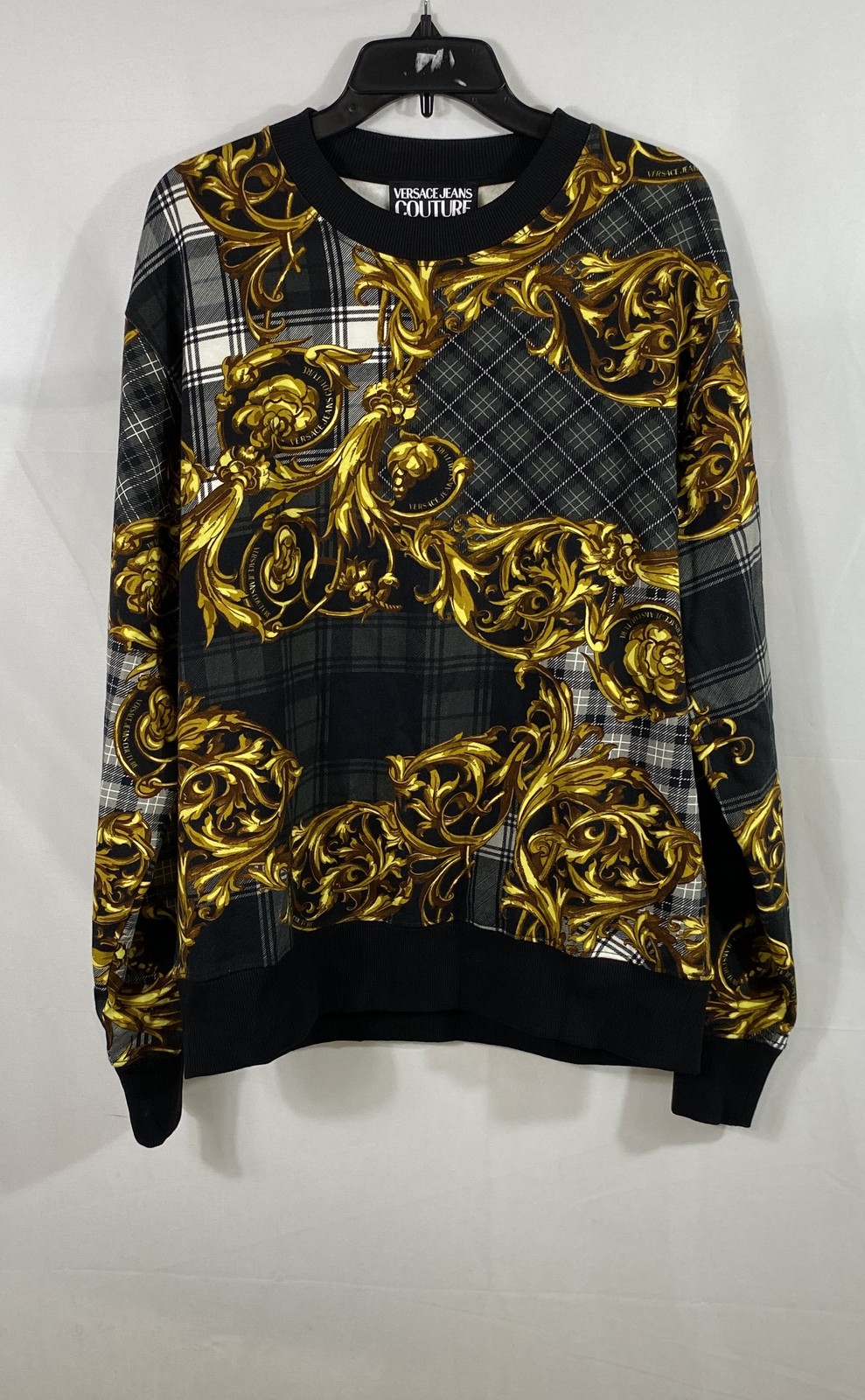 Versace Jeans Couture Men’s Baroque Plaid Crewneck Sweatshirt Grey Gold Sz XXL