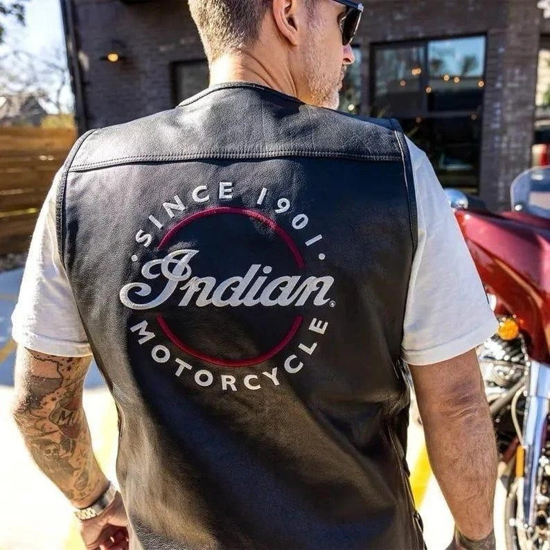 Mens Indian Motorcycle Real Leather Vest Side Laces Biker Club Waistcoat Black