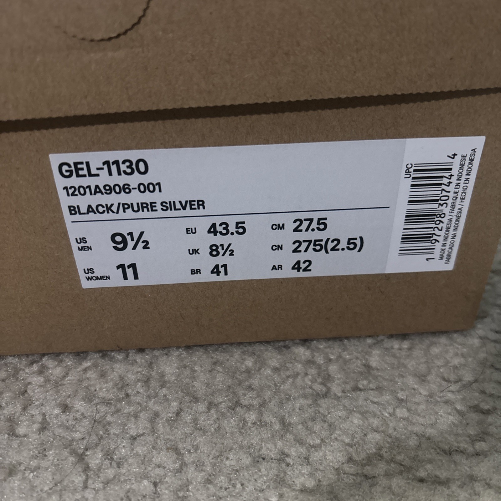 Asics Gel-1130 Black/Pure Silver Size 9.5