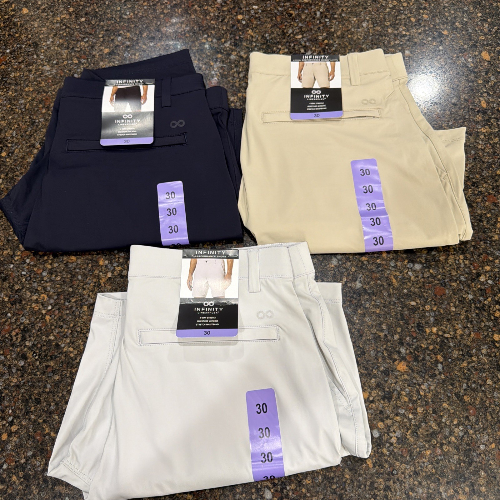 Infinity Men’s Performance Short in navy, tan , gray