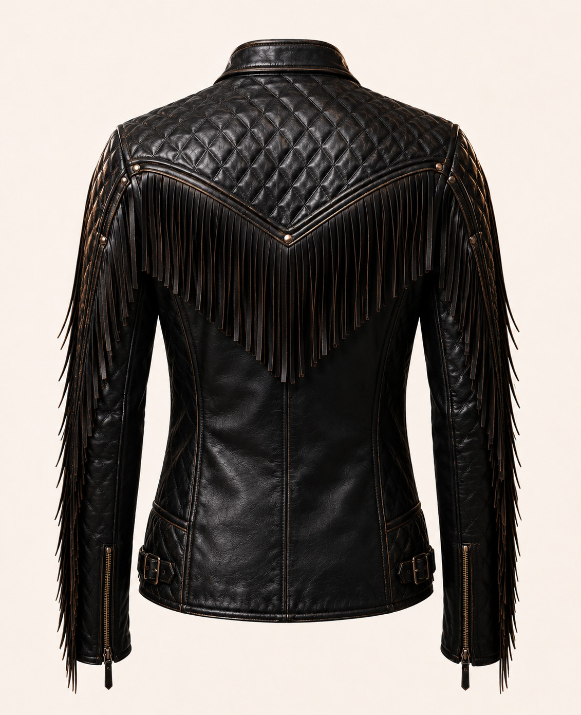 Mens Black Fringe Leather Biker Jacket – Quilted Western – Moto Zip Up StyleCoat