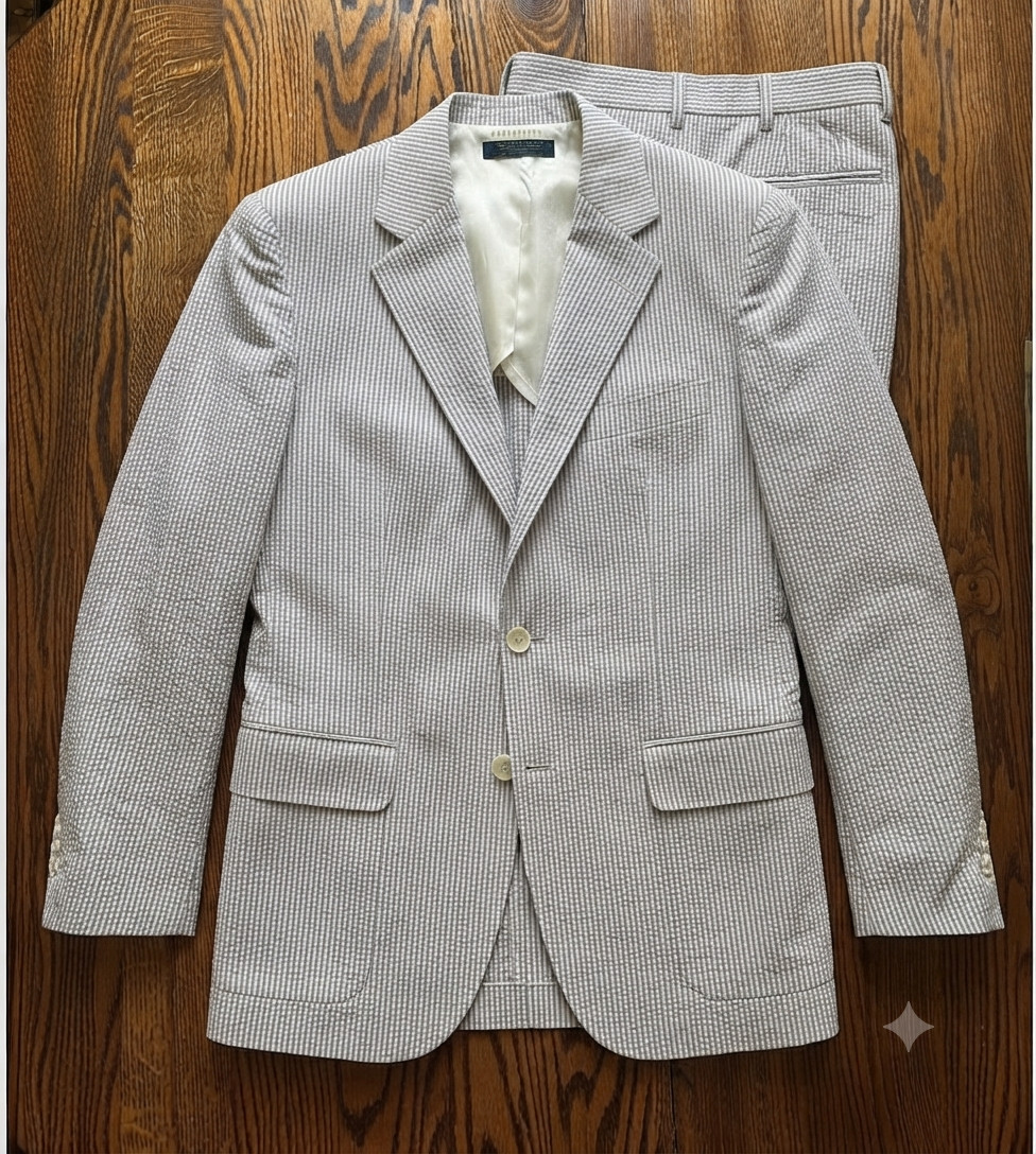 Brooks Brothers Seersucker Suit 42R 36×29 Gray White Stripe Cotton Pleated Cuff