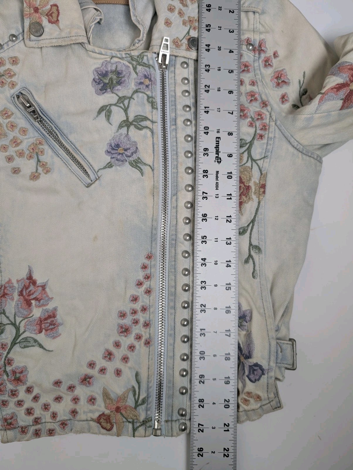 BlankNYC Floral Embroidered Studded Denim Moto Jacket Women’s M 18×27