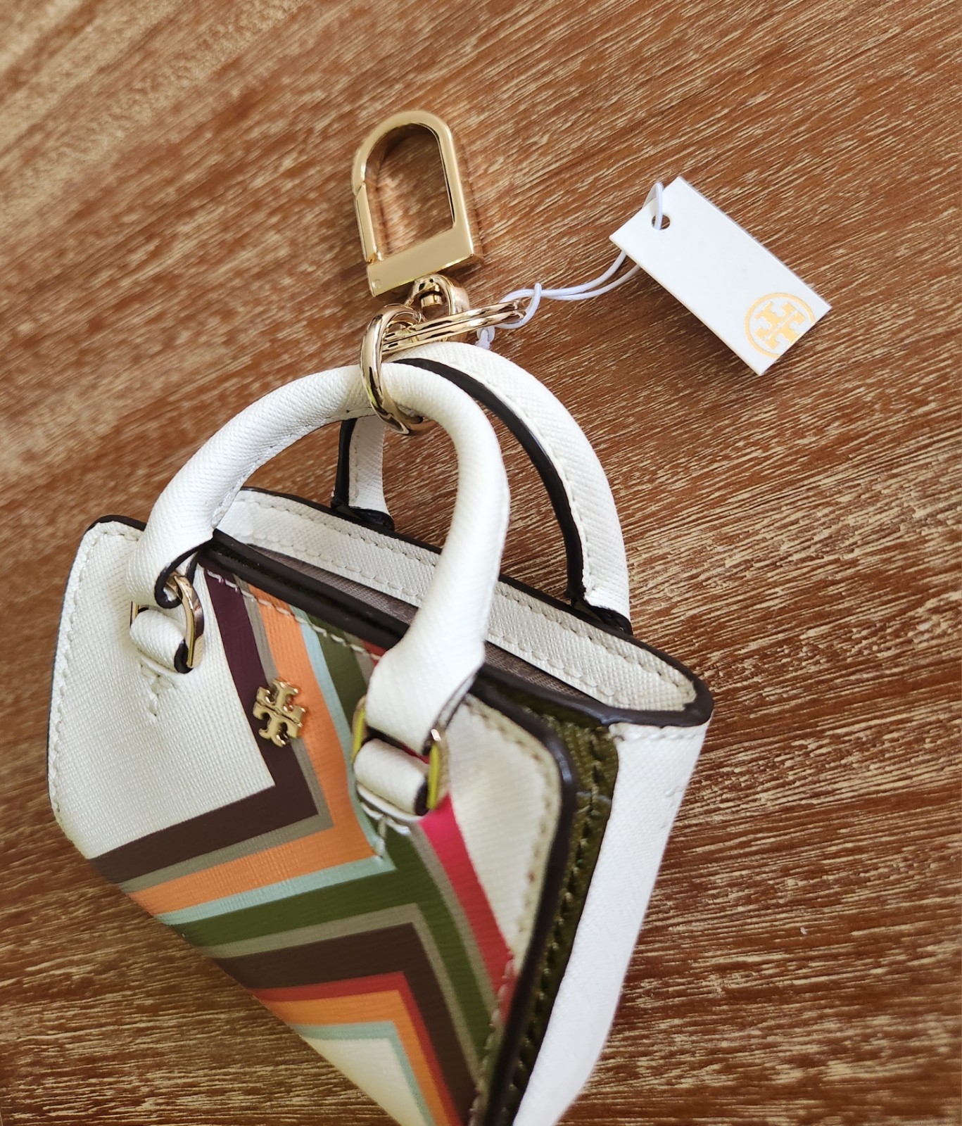 NEW Tory Burch Robinson Mini Tote Keyfob Bag Charm Key Chain Multi-Strip