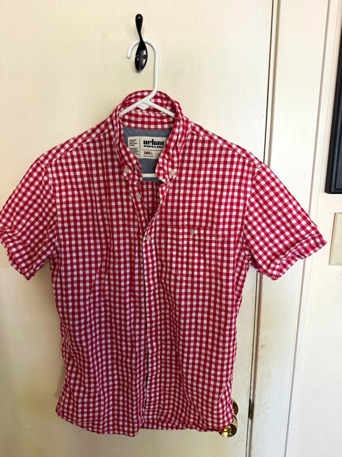 Urban Pipeline Men’s S Red/White Check Short Sleeve Button-Down Shirt Pockets