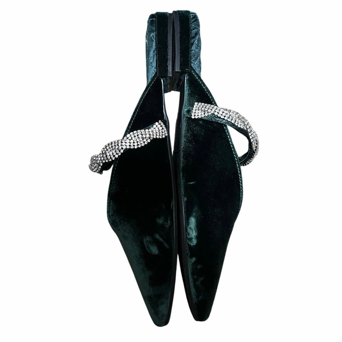 Birdies “the Swan” emerald green velvet and rhinestone strapped slides sz 9