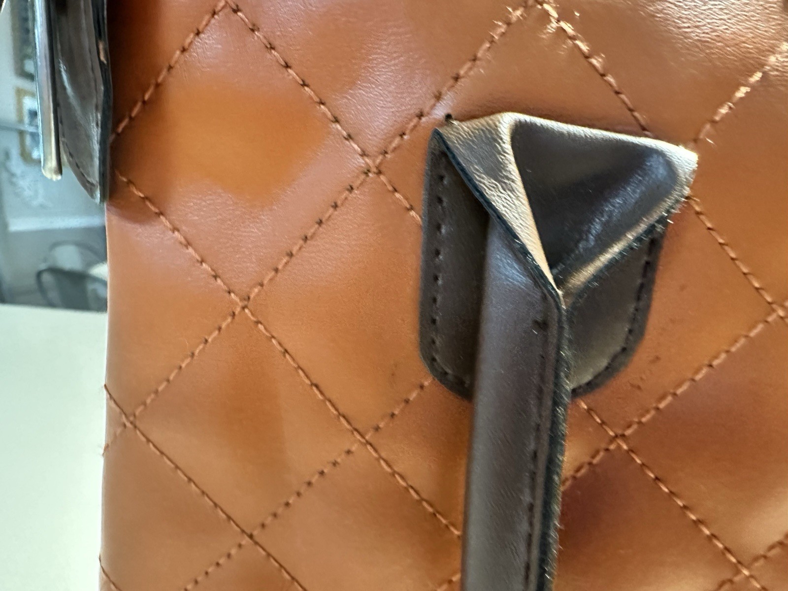 Brown Quilted Zip-Top Satchel Top Handle Bag, Double Handles, Silver Hardware