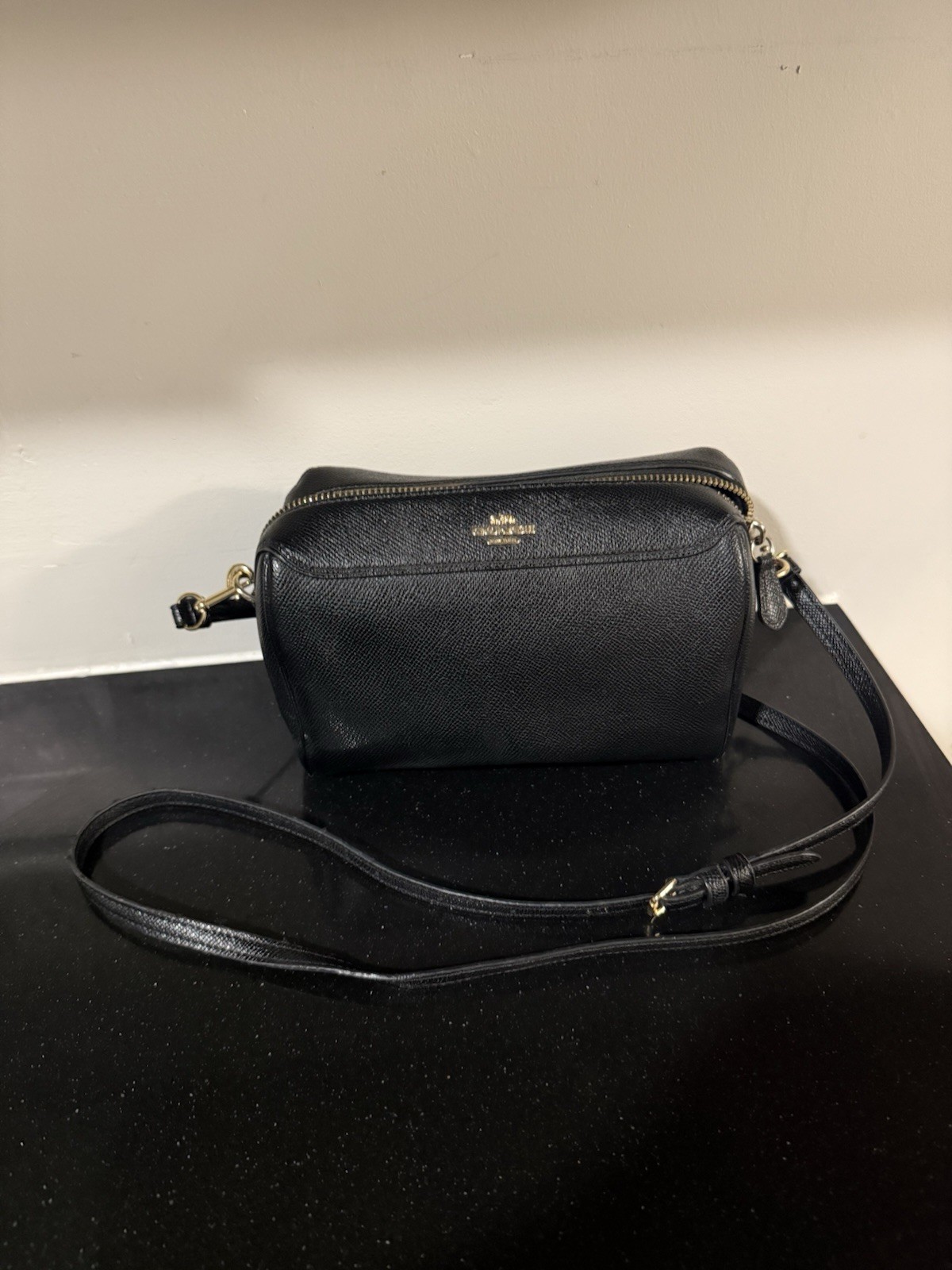 Coach Black Small Crossbody Bag Zip Top Gold Hardware Detachable Strap Pockets