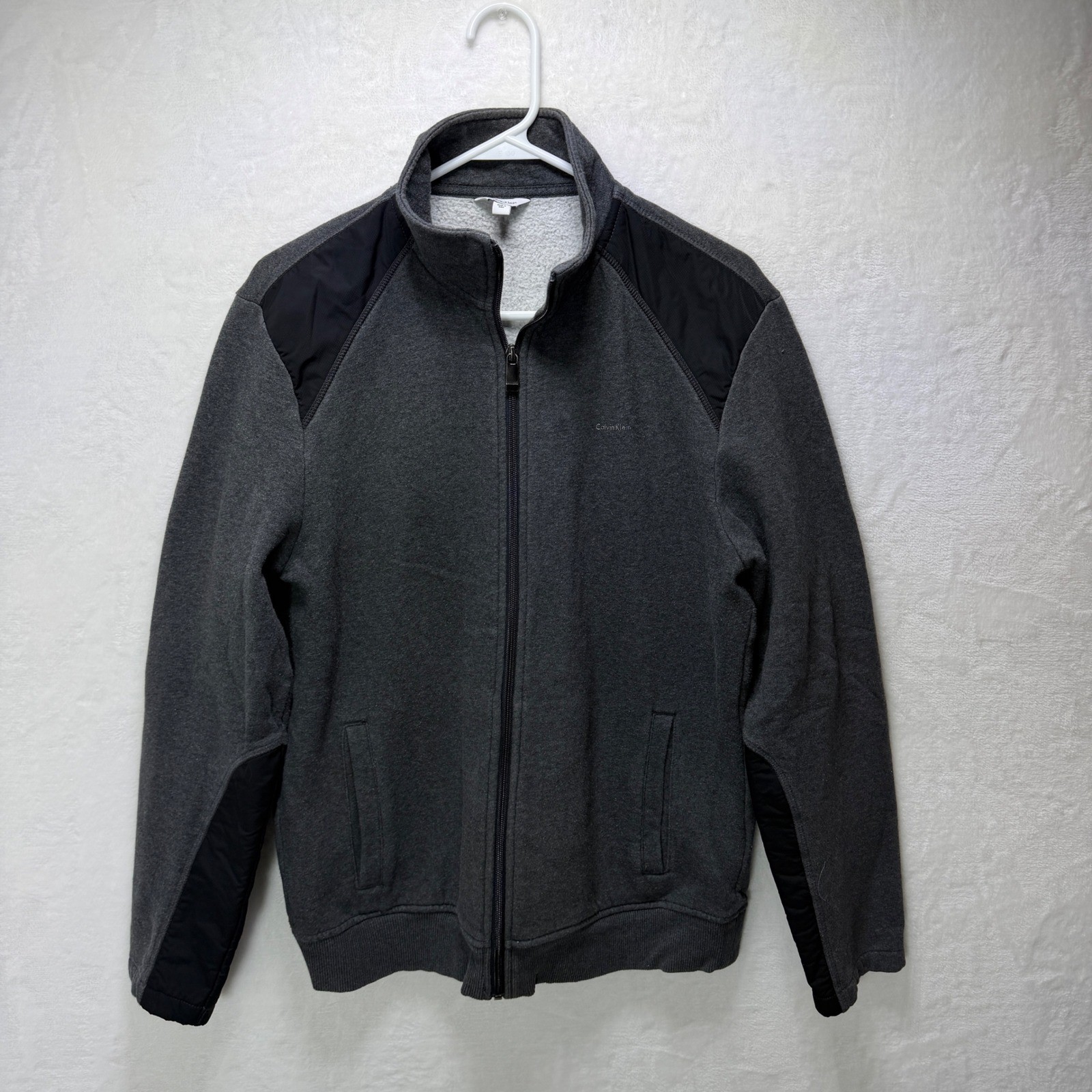 Calvin Klein Mens M Fleece Gray Full Zip Jacket Black Overlay Mock Neck Coat