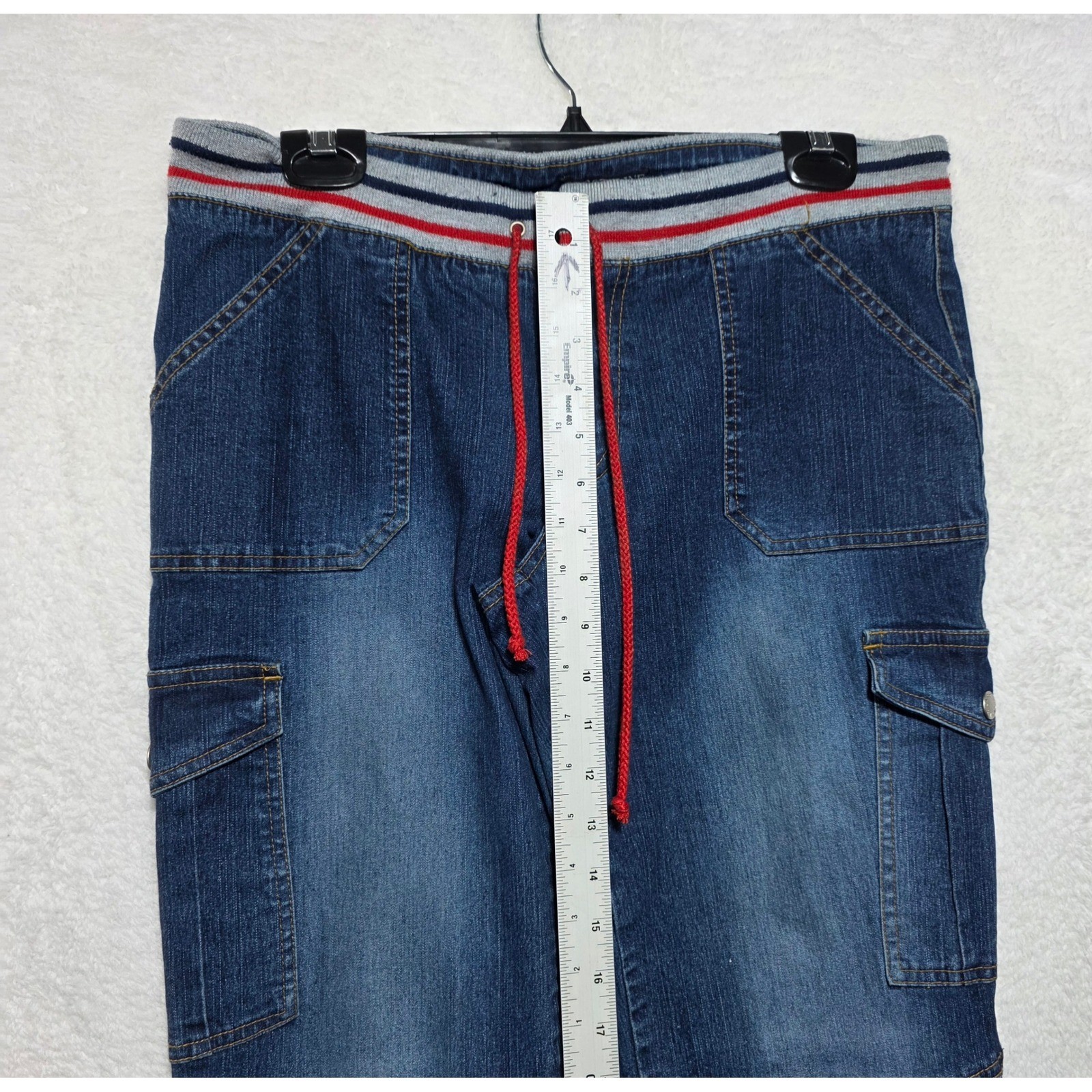 First Line Los Angeles Cargo Flare Jeans Dark Wash Knit Waist Size 15 Y2K Style