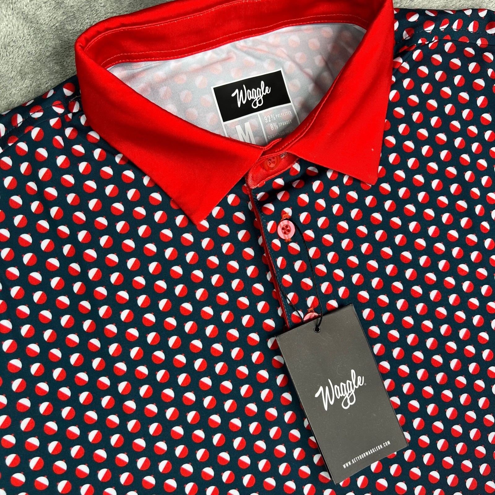 Waggle Polo Shirt Mens Medium Bobby Fishing Print Golf Performance Stretch New