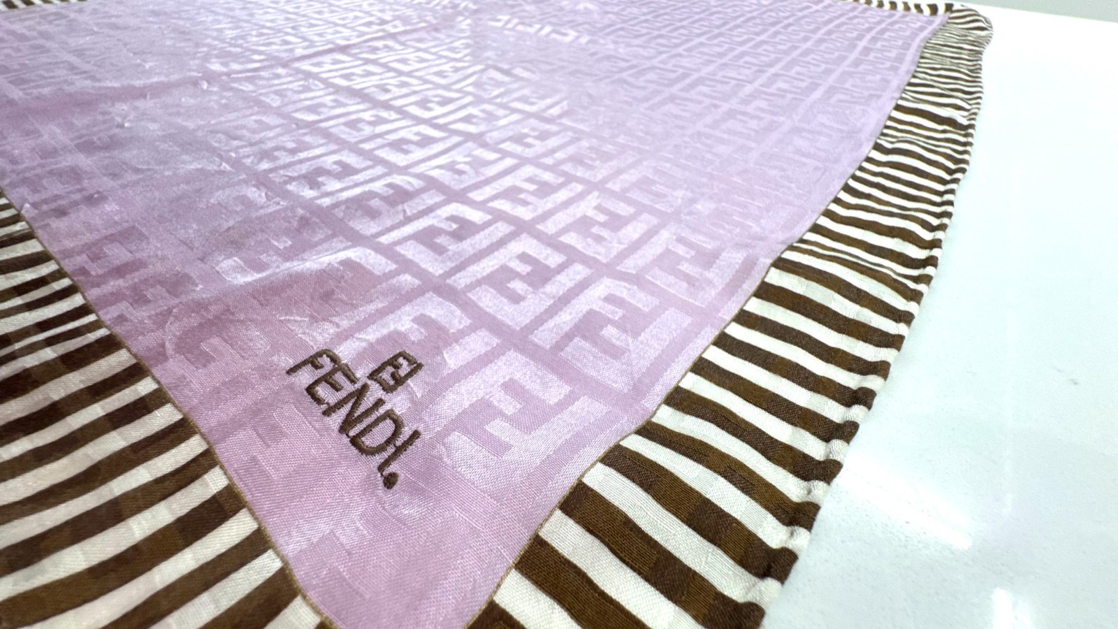 Fendi FF Monogram Pink Brown Striped Square Scarf 57cm Logo Vintage