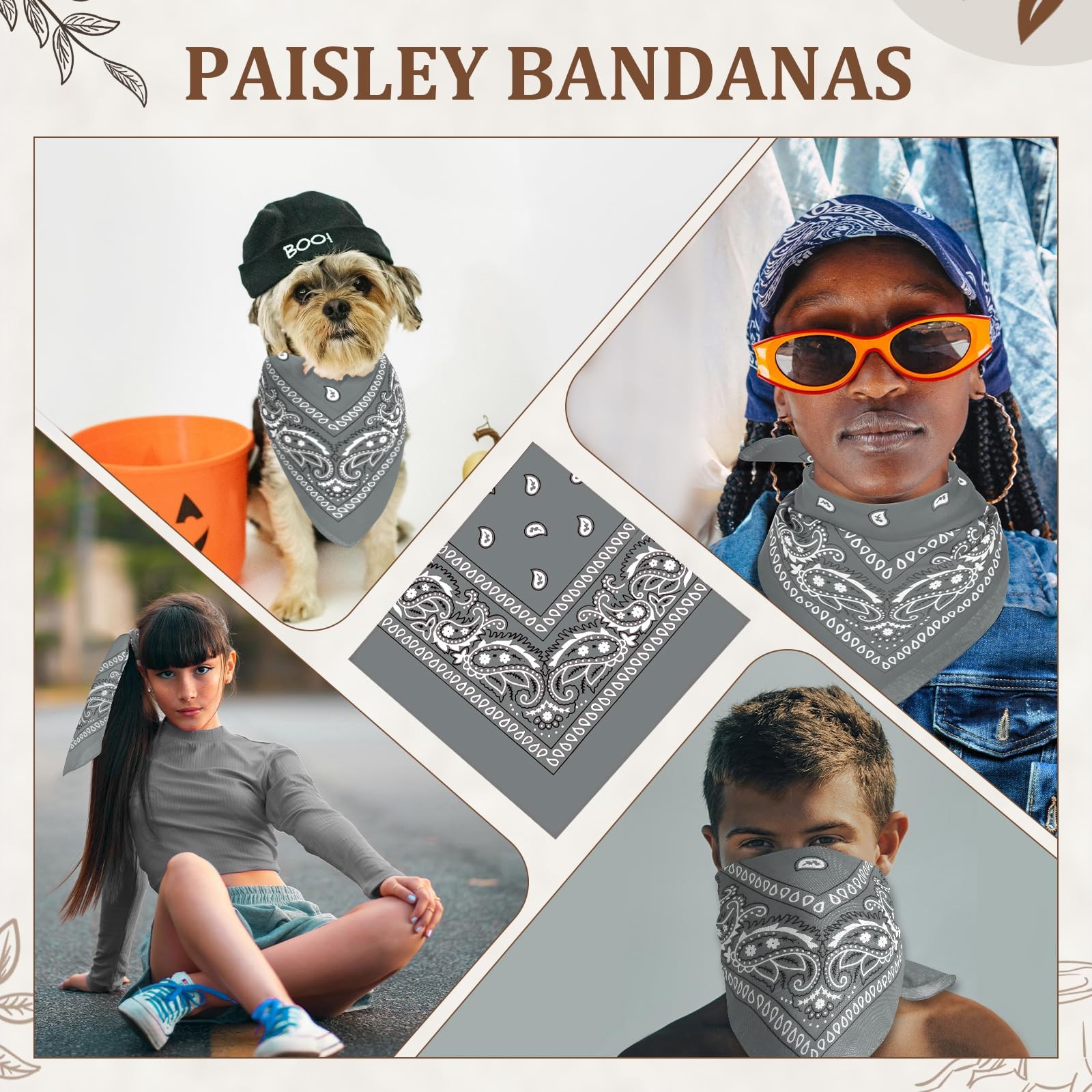 PJPSAA 12 Pack Bandanas Unisex Paisley Cowboy Bulk Multi 21.6, Gray