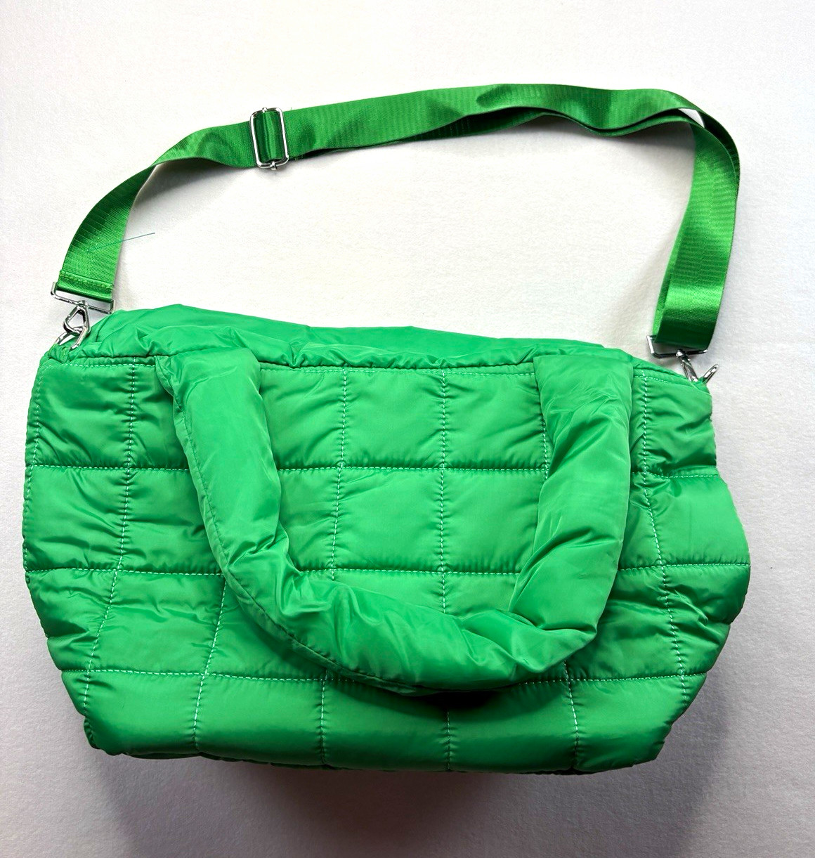 Green Quilted Puffer Shoulder Bag, Top Handle, Zip Closure, Detachable Strap