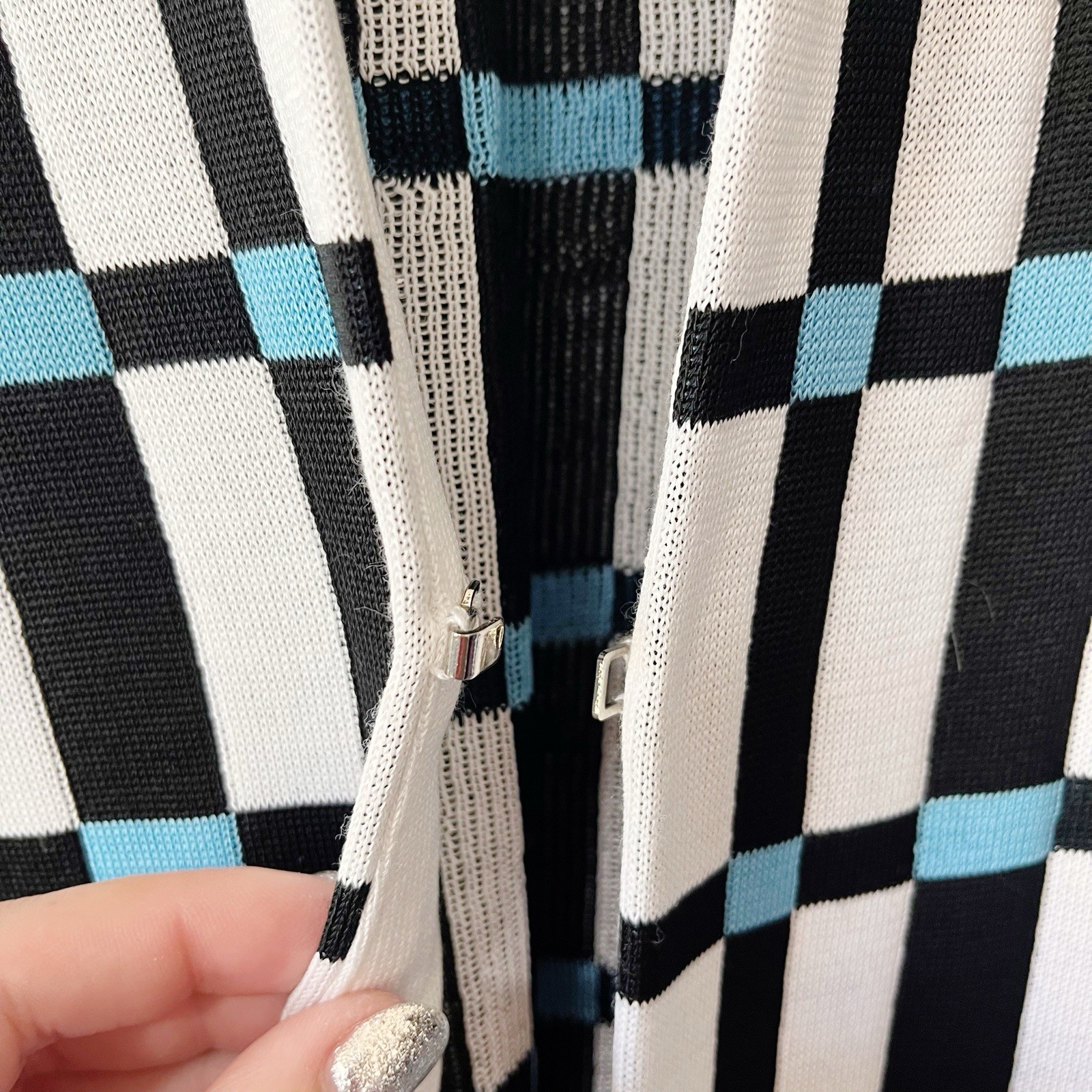 Ming Wang Checked 3/4 Sleeve Cardigan Jacket Black White Blue Size Medium