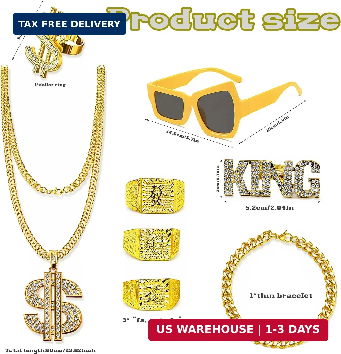 ZhengYuFa 8 Pieces 90s 20s Rapper Accessories Fake Gold Chain，Dollar Ring Neckla