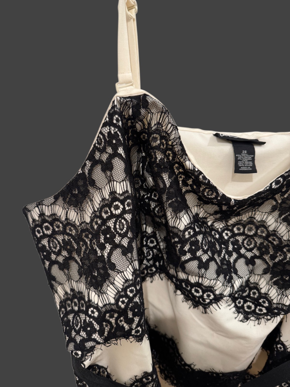Ivory with black lace top – adj/removable straps tie waist side zip size 28