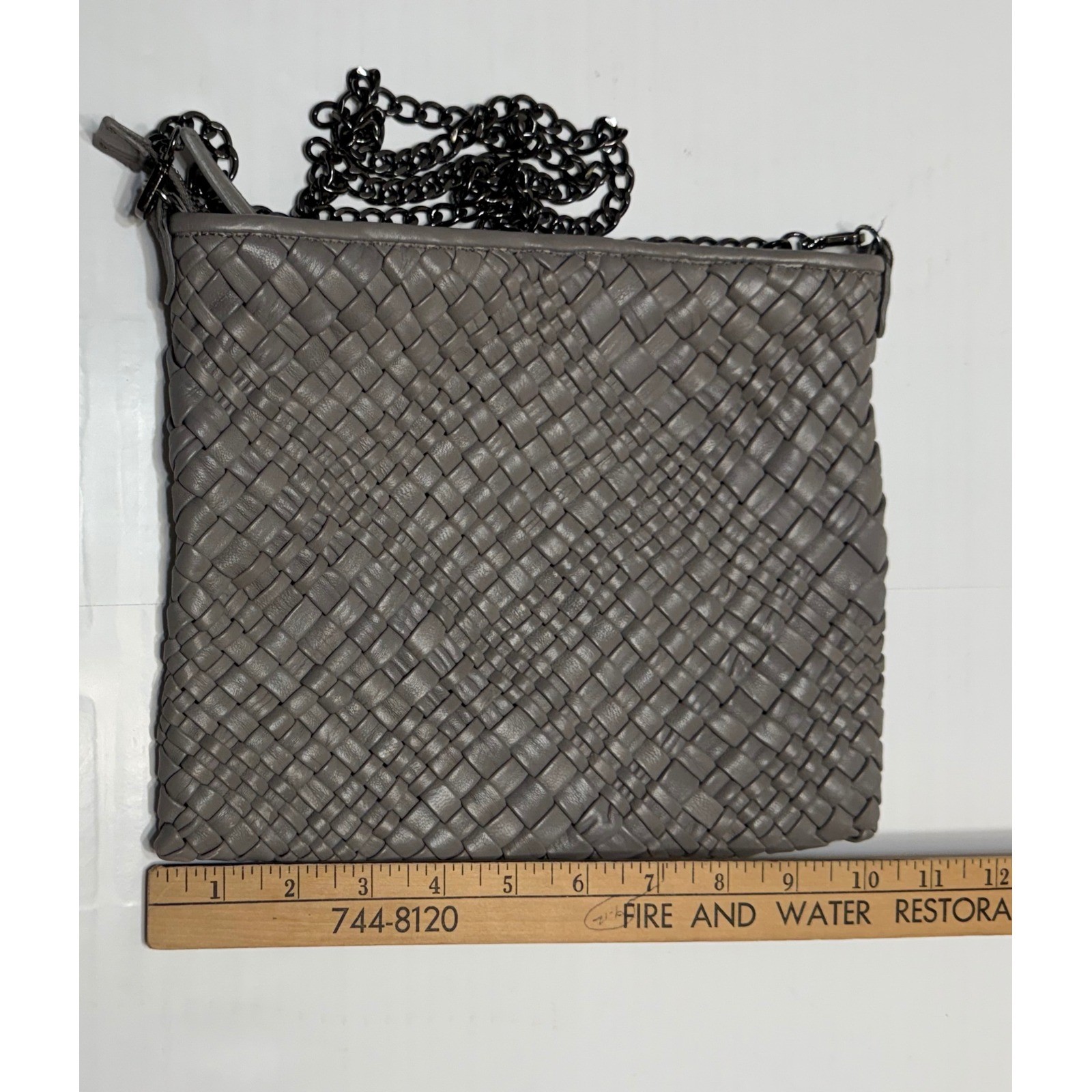 Falor Italia Woven Leather Crossbody Bag Grey Gunmetal Chain Made in Italy