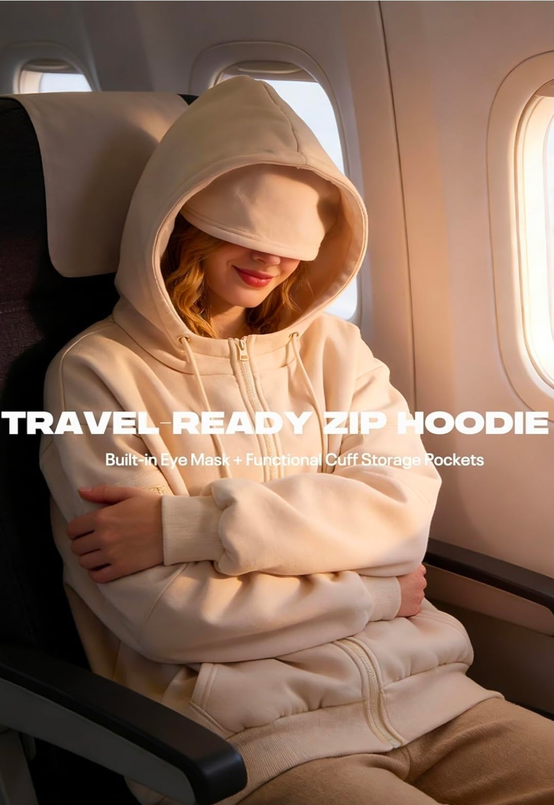 Hoodie with Eye Mask&Hidden Pockets Fleece Travel Sweatshirt Long Sleeve Size XL