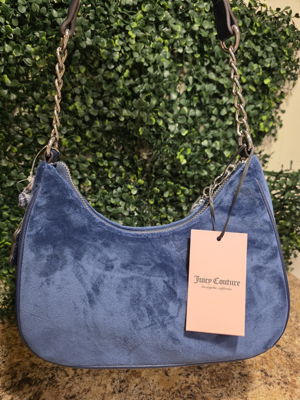 Juicy Couture Blue Logo Crescent Shoulder Bag Chain Strap Charm Zip Medium