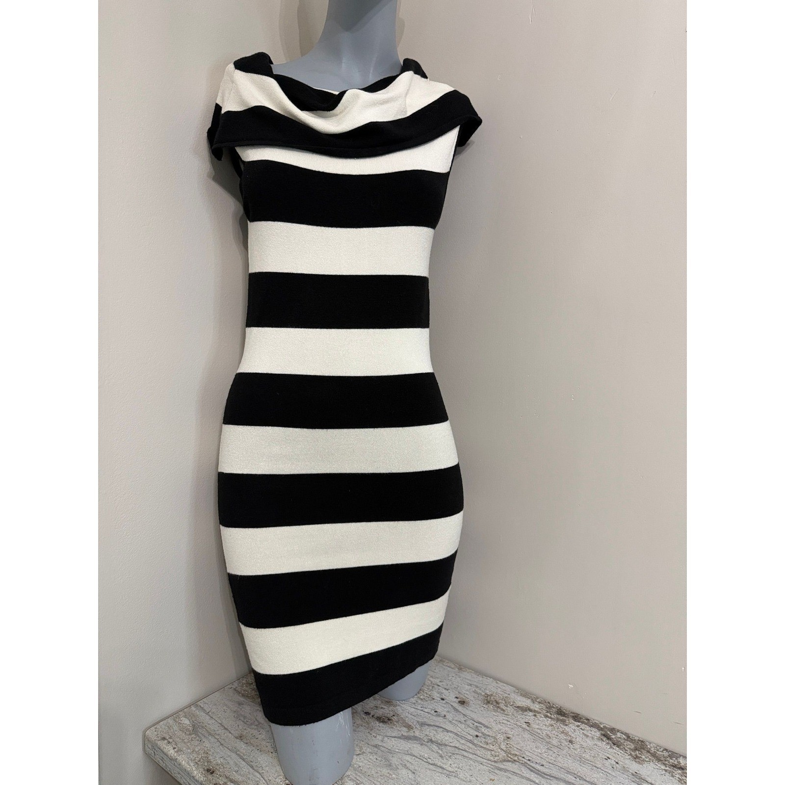Black and White Striped Bodycon Sweater Dress Off Shoulder Cowl Neck Mini