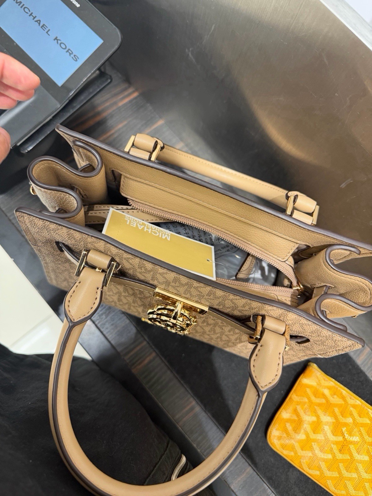 Michael Kors Small Brown Beige Monogram Top Handle Satchel Gold Hardware Lock