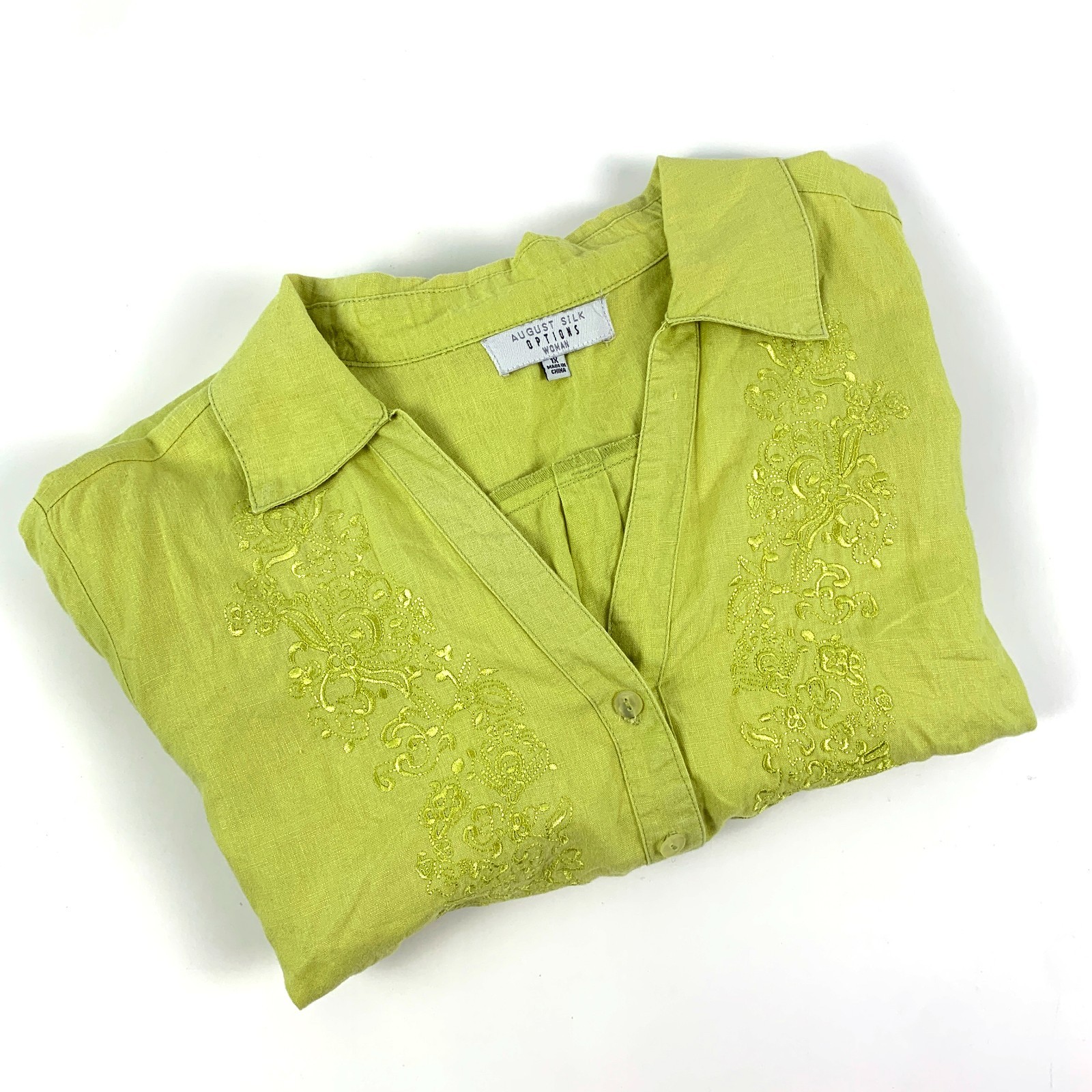 August Silk Options Button Up Blouse Sz 1X 100% Linen Lime Green Embroidered SEE