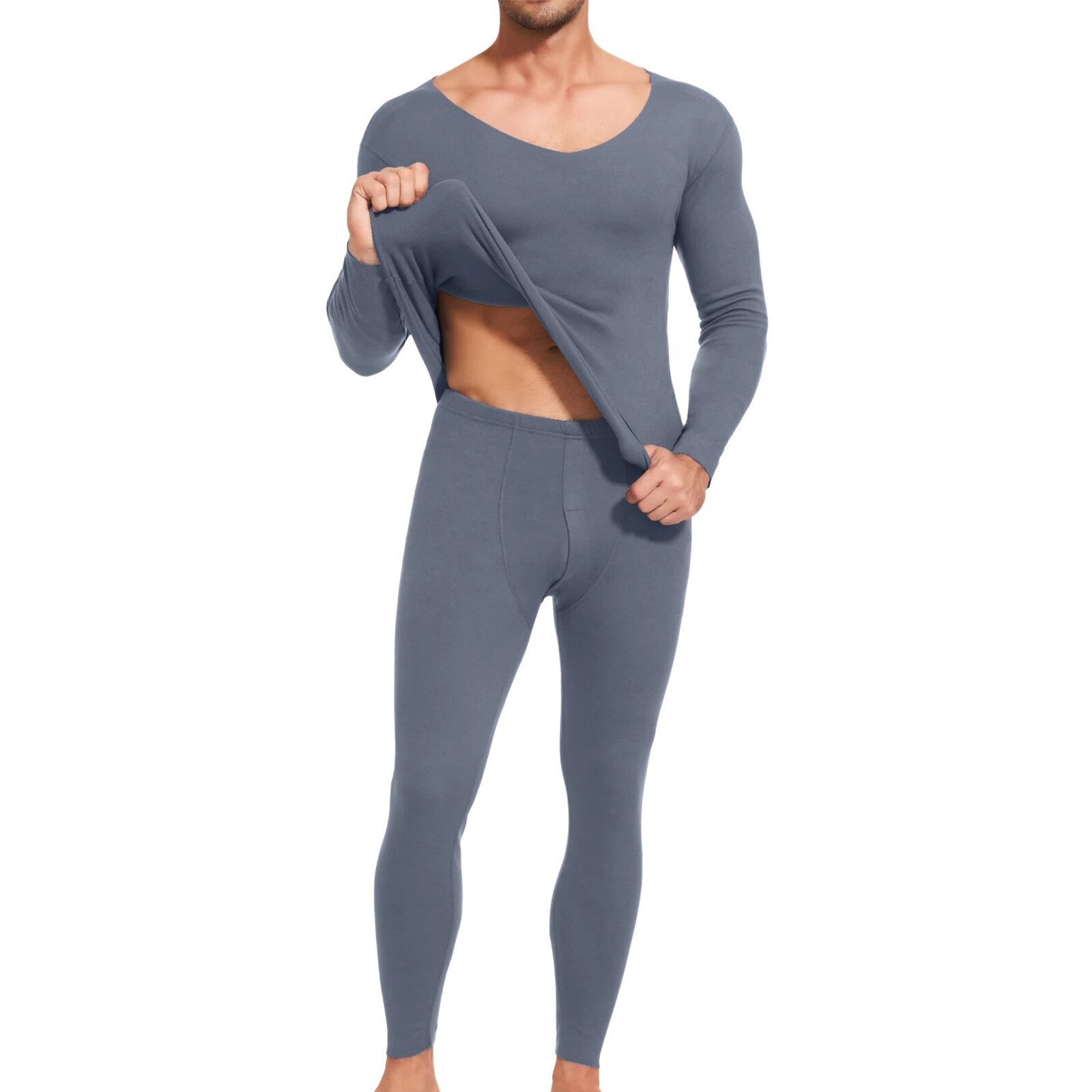 Men Thermal Warm Underwear V Neck Soft Fleece Lined Long Johns Set Top & Bottom