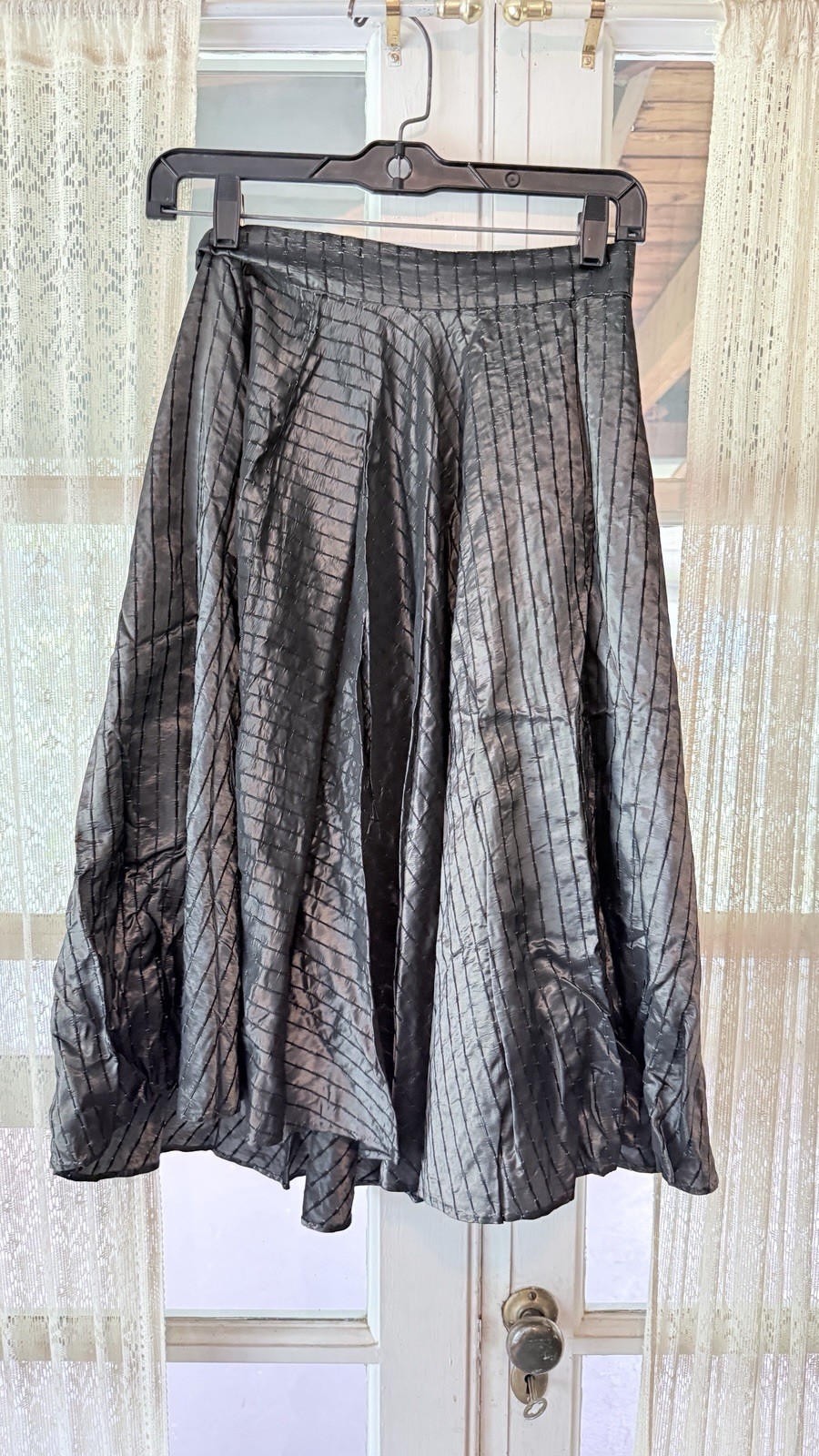 Vintage Black Taffeta Circle Skirt Pleated Striped Midi Goth Grunge Small