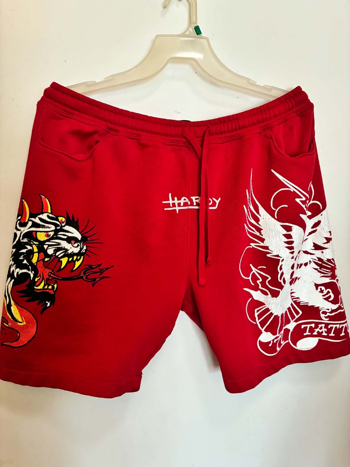 Ed Hardy Men’s Red Graphic Sweat Shorts Size XL Tiger Eagle Tattoo Drawstring