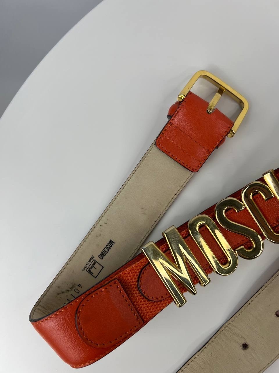 Vintage MOSCHINO Redwall Orange Leather Belt Gold Letter Logo Size 42 Italy Rare