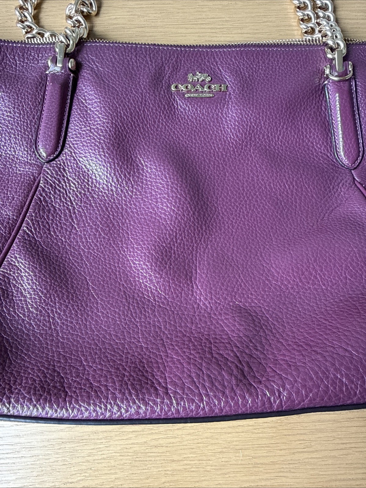 Coach Pebbled Leather Ava Chain Tote Dark Berry with Gold Hardware Style F87775