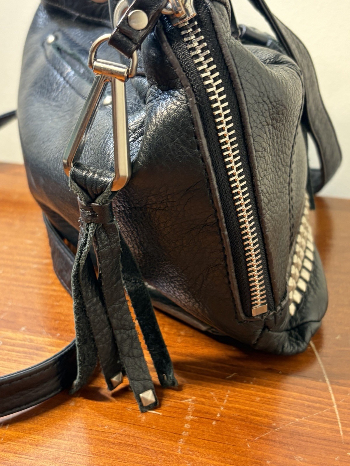 B. Makowsky Black Leather Fringe Studded Hobo Crossbody Bag Luxury Black NEW