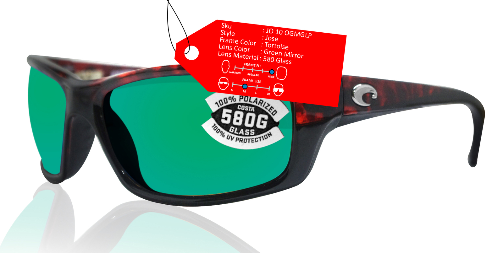 Costa Del Mar Jose Tortoise Frame Green Mirror 580 Glass Polarized Lens