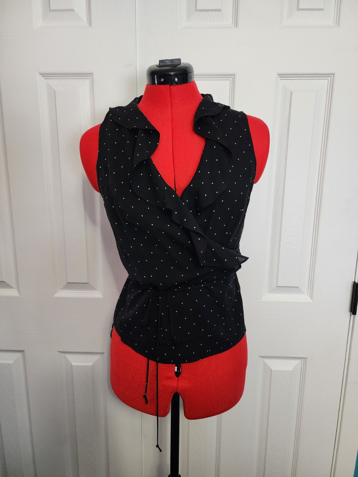 Harolds Silk Chiffon Sleeveless V-Neck Ruffle Blouse Sheer Polka Dot Size 8