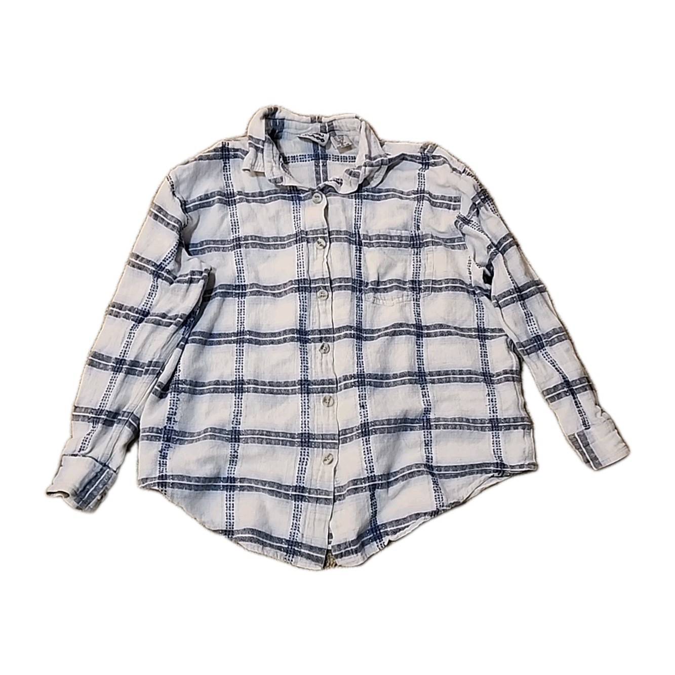 Lemon Grass Shirt Women’s 2X Linen Blend Checkered Long Sleeve White Blue