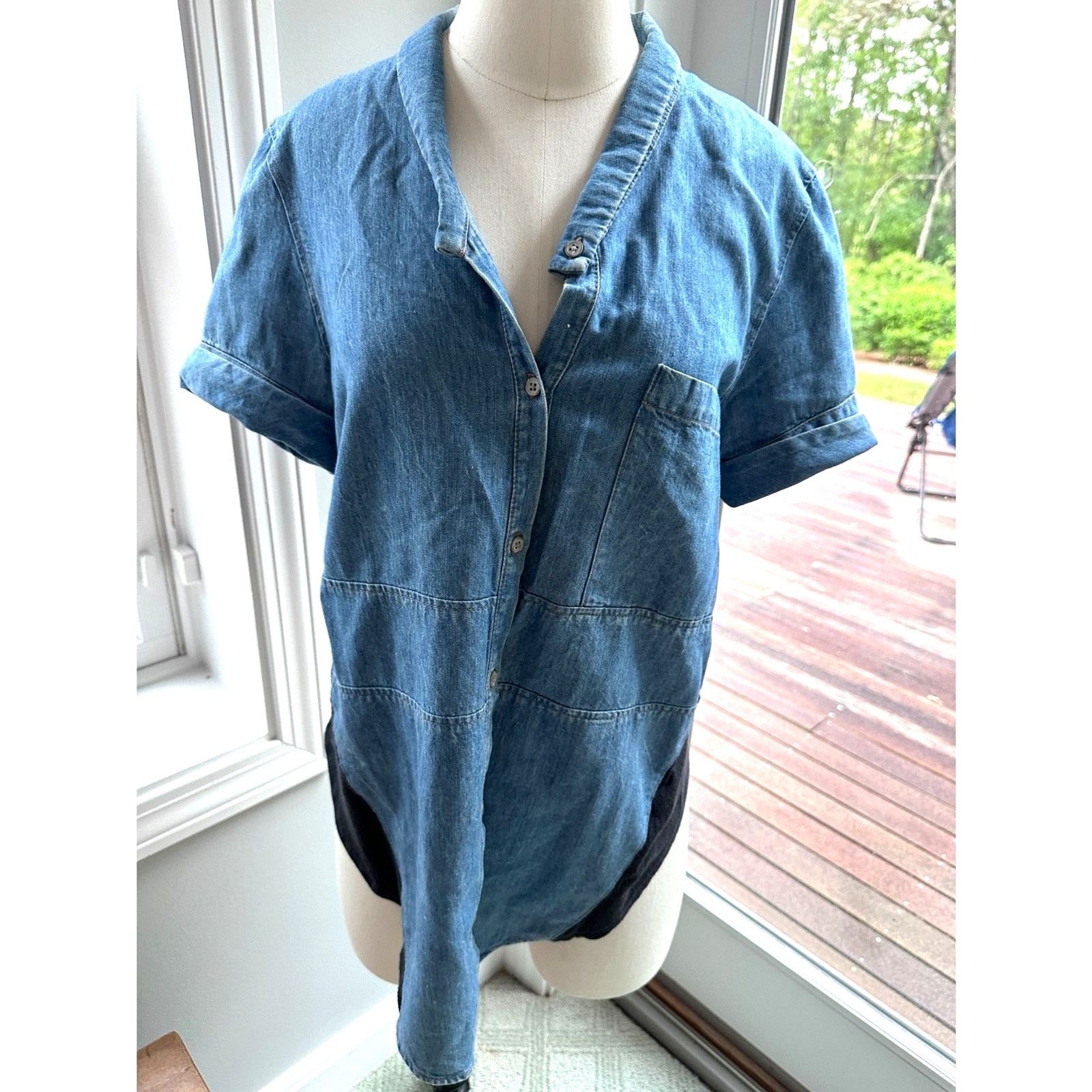 Helmut Lang New York Era Chambray Denim Mixed Media Top Sz M Made USA 2002
