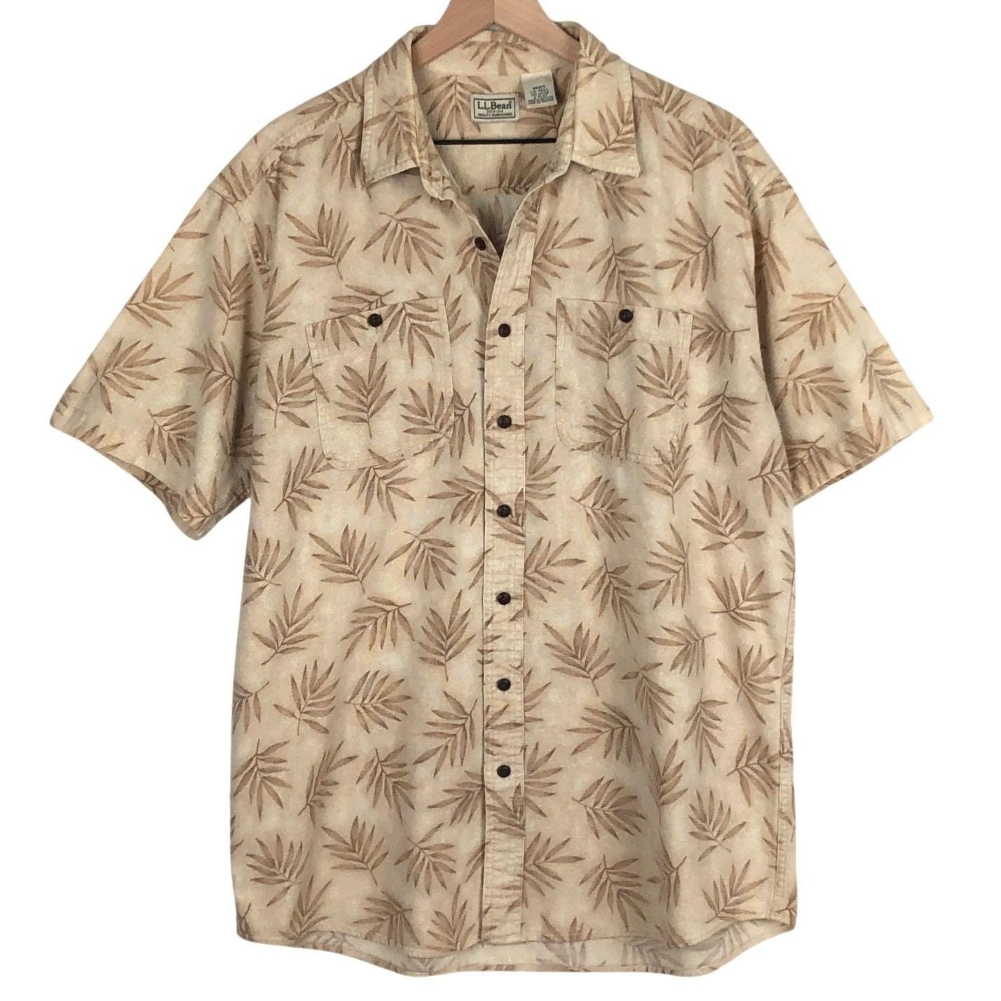 LL BEAN 100% Cotton Textured Tropical Palm Leaf Shirt Men’s Sz L Tall Tan S/S