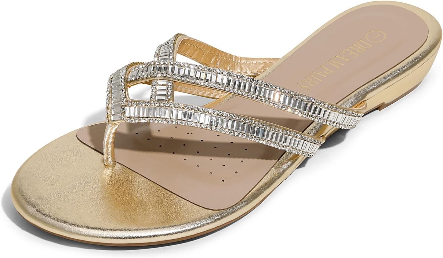 Women’S Rhinestones Flat Slides Sandals | Flip Flop Slip on Slides T-Strap Spark