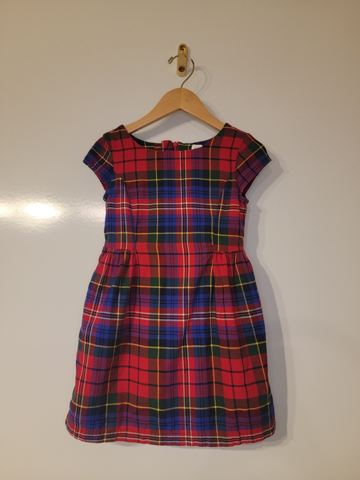 Gap Dress Girls Small (6-7) Red Blue Purple Plaid Short Sleeve Crew Neck Pockets
