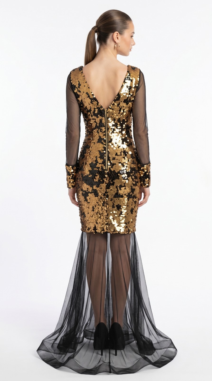 Luxury Gold Black Sequin Evening Gown Sheer Mesh Train Long Sleeve V Neck NWT EU