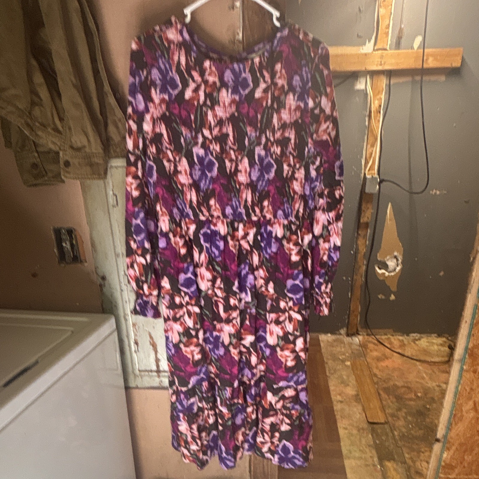 Women’s Purple Pink Black Floral Long Sleeve Midi Dress Round Neck Size M