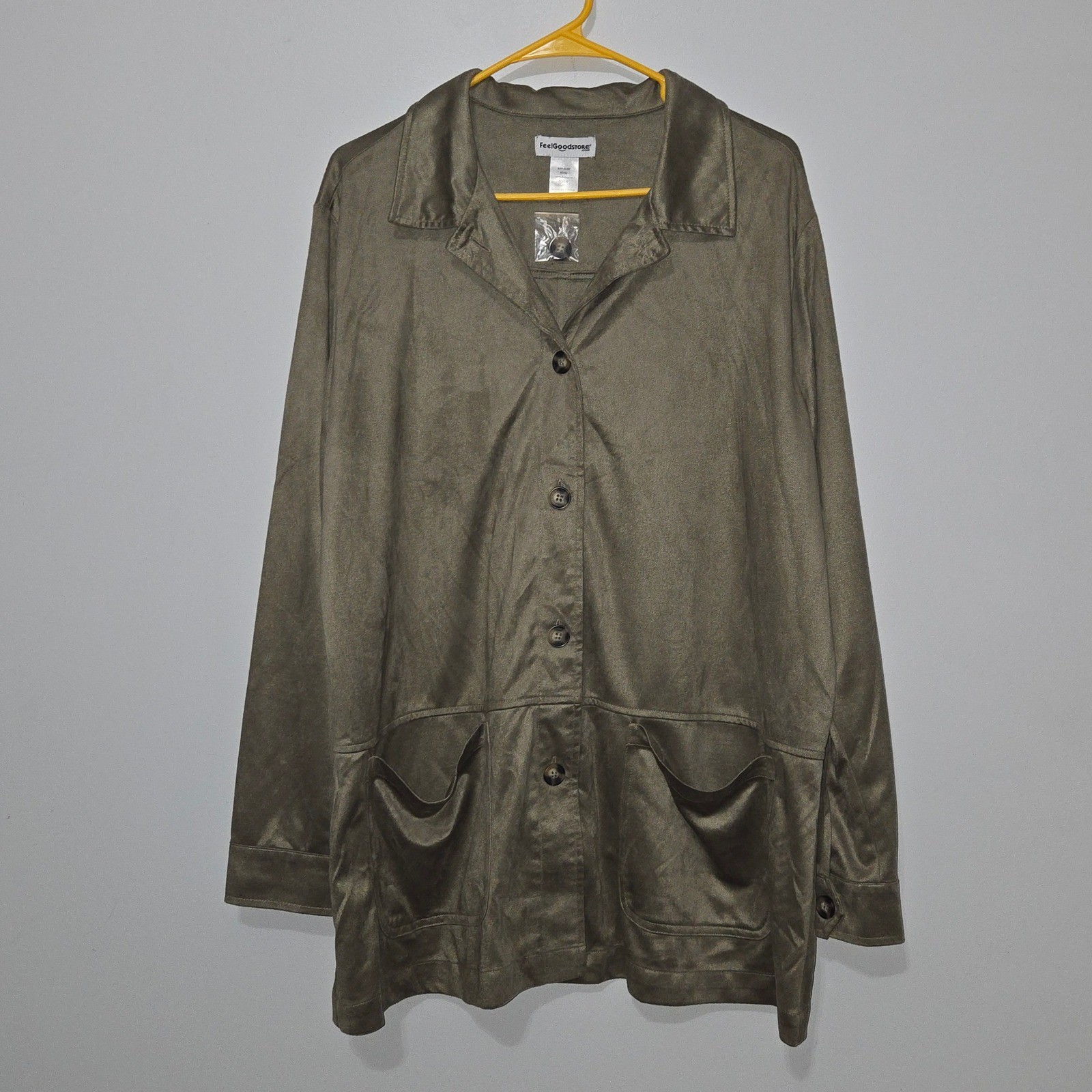 B#88 FeelGoodstore Olive Green Button Front Shirt Jacket 1X Poly Suede Pockets