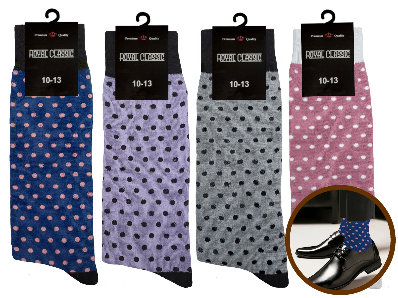 4 PAIR DRESS SOCKS PINK PURPLE NAVY GRAY POLKA DOT COTTON WEDDING SOCKS 10-13