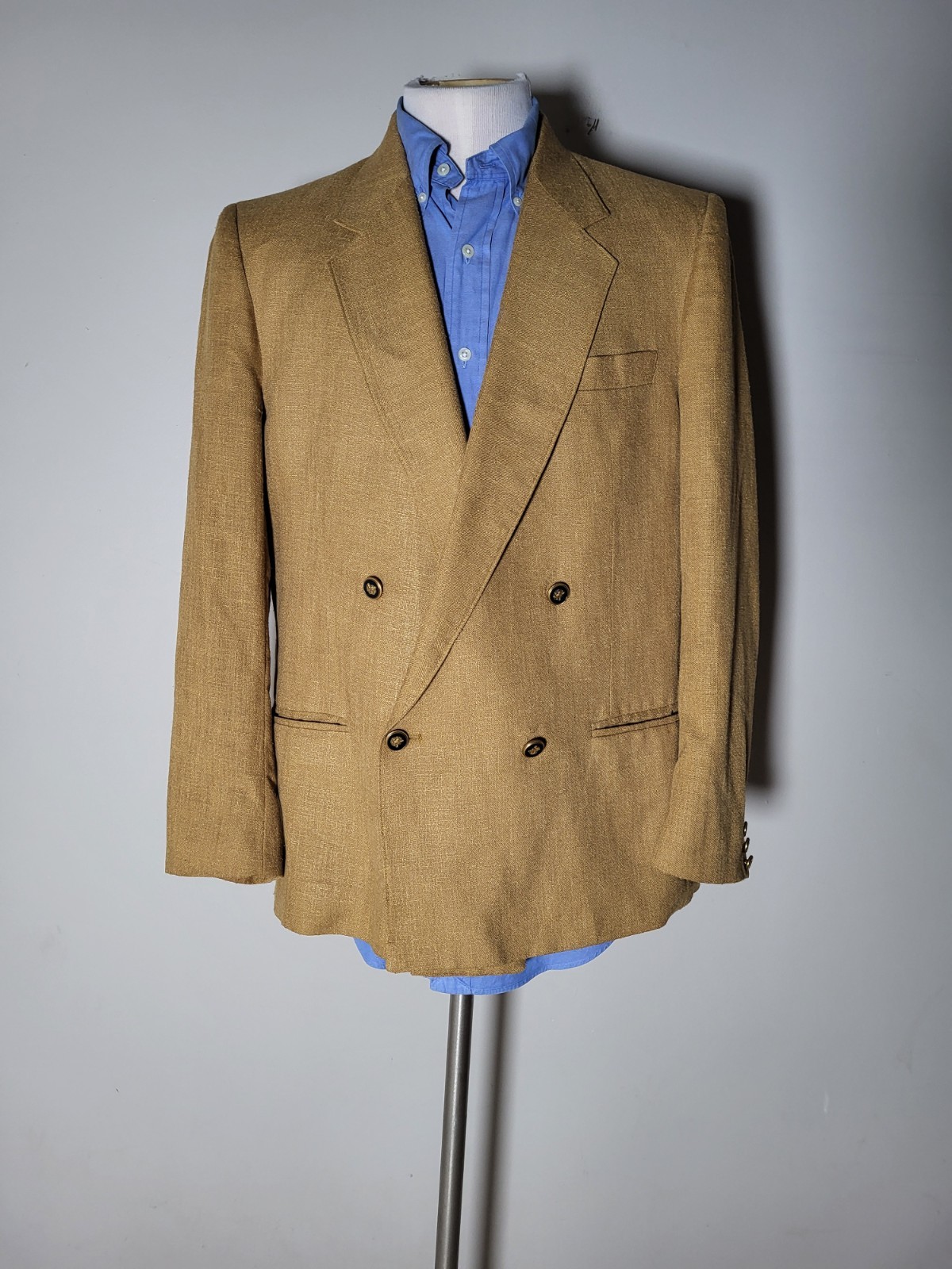 Vintage 40R Golden Wheat Linen Wool Double Breast Notch Lapel Coat Jacket Blazer