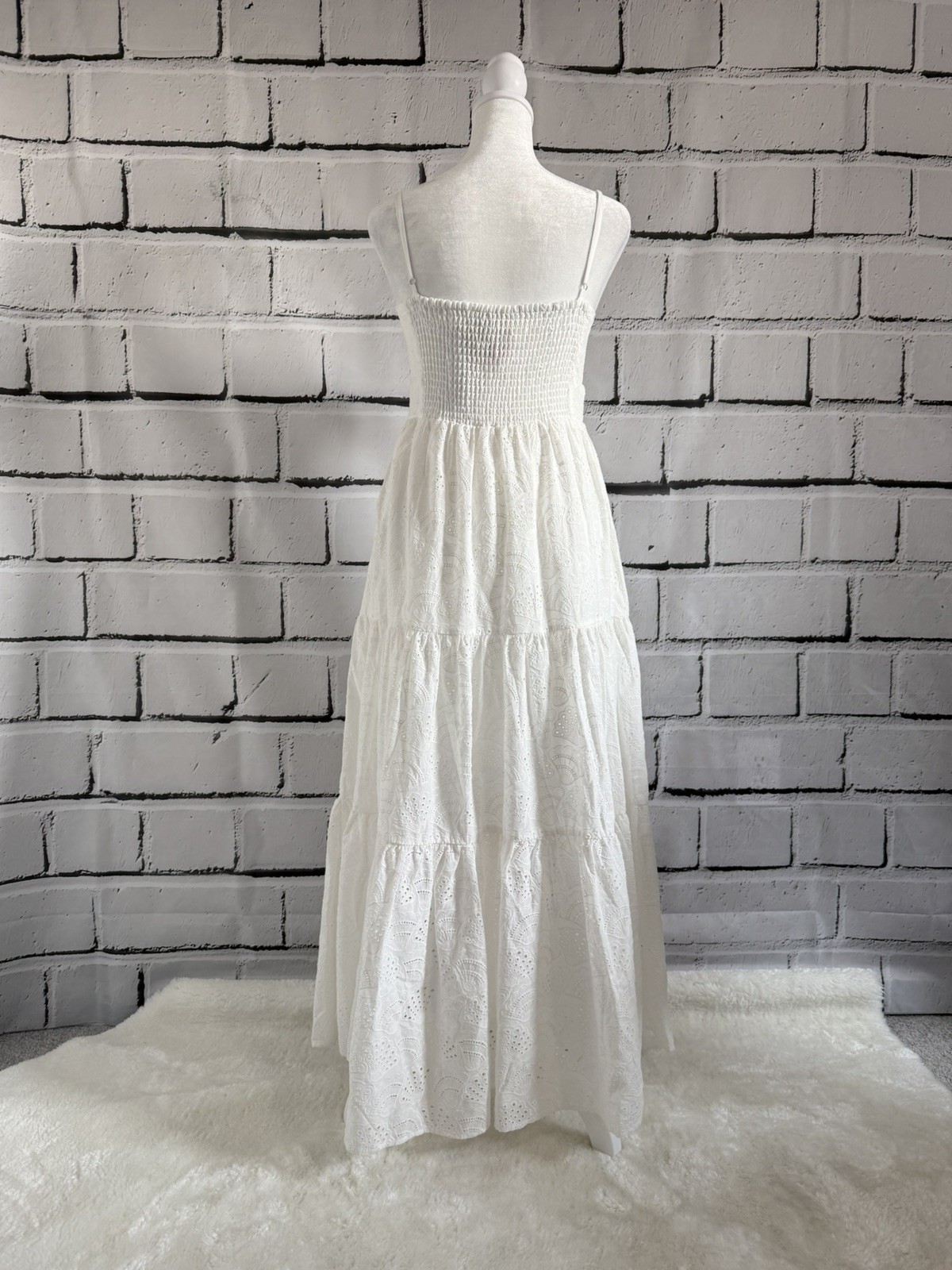 NWT House of Harlow 1960 White Eyelet Cotton Maxi Dress Smocked Back S