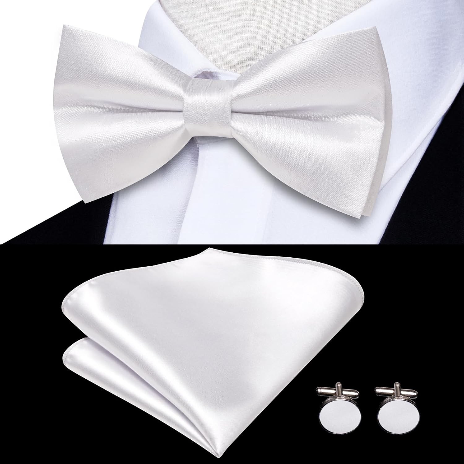 Hi-Tie Men Suspender Bowtie Set Suspenders Pre-tied Bow Tie Pocket White